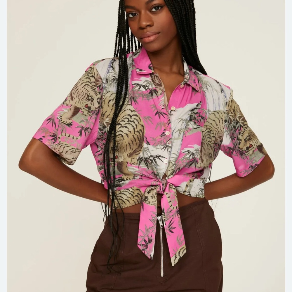 All Saints Leni Tai Nuit Hot Pink Cropped Button Down